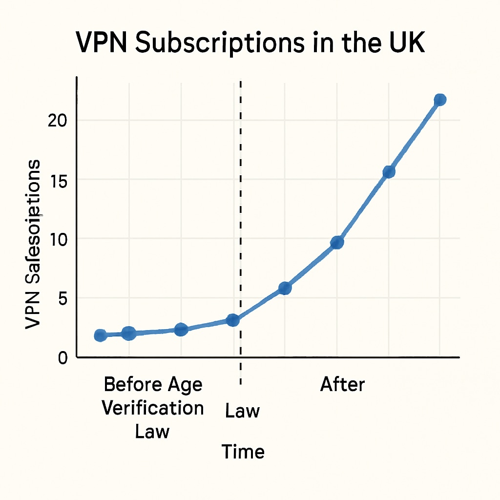 A graph showing the rise in VPN subscriptions in the UK following the implementation of the age verification law. A graph illustrating increased VPN usage in the UK after the age verification law.