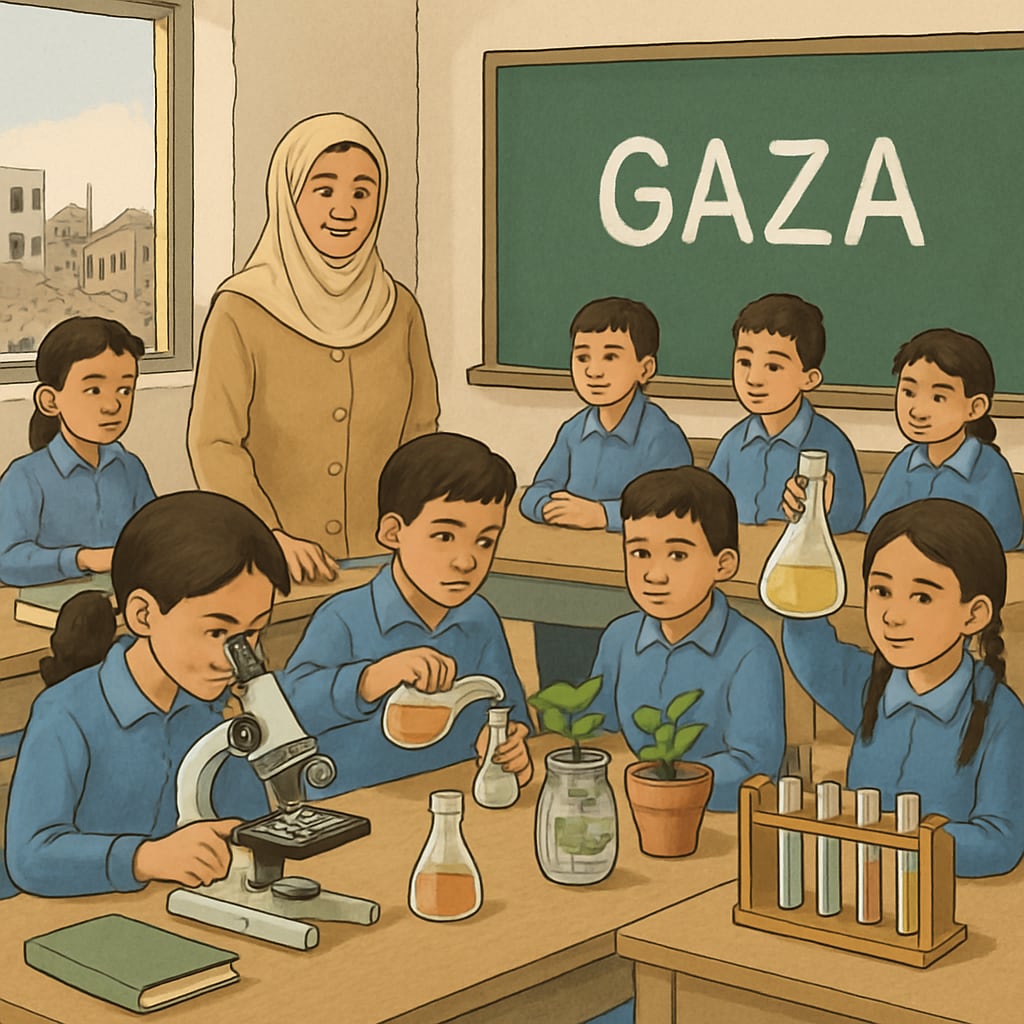 Gaza classroom with children conducting science experiments, representing hope and rebuilding.