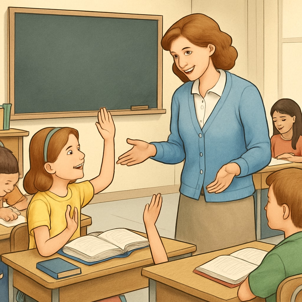 A teacher engaging positively with students in a classroom setting, illustrating the nurturing aspect of education. A classroom setting where a teacher uses encouragement to foster student development.