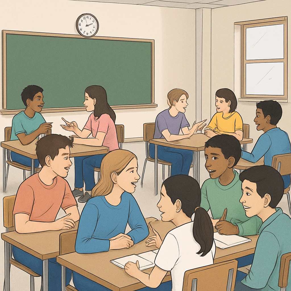 A classroom setting where students are engaged in group discussions, symbolizing collaboration and critical thinking beyond grades. Students collaborating in a classroom setting, demonstrating alternative approaches to assessment.