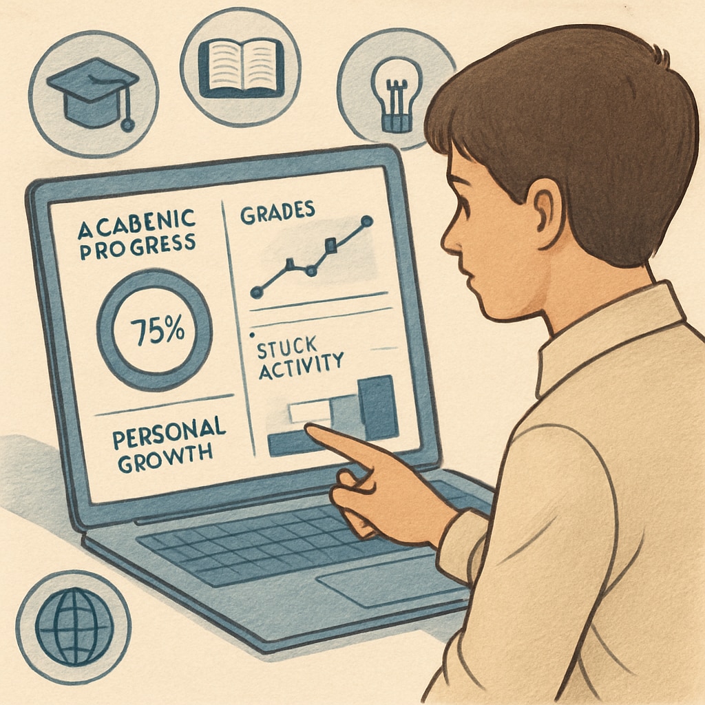 A student using a digital platform to track their academic and personal growth metrics in real-time. Student tracking progress with a digital tool, showcasing real-time learning assessment.