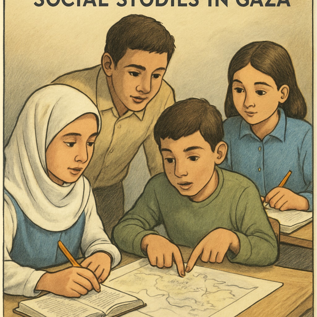 Gaza students working on a history project, highlighting the role of social studies in education.