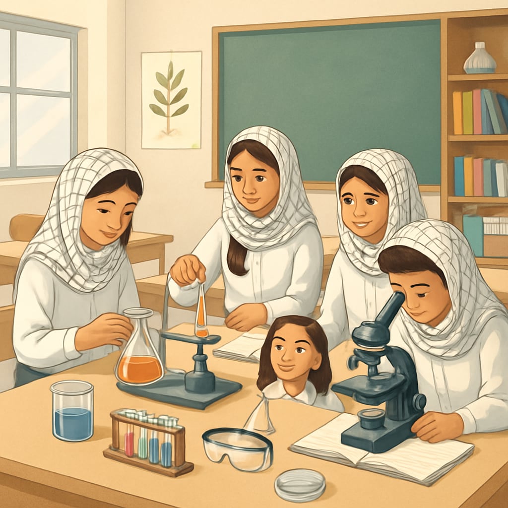 A classroom in Gaza with students engaged in hands-on science experiments, symbolizing hope and learning. Students in a Gaza classroom conducting science experiments as part of rebuilding science education.