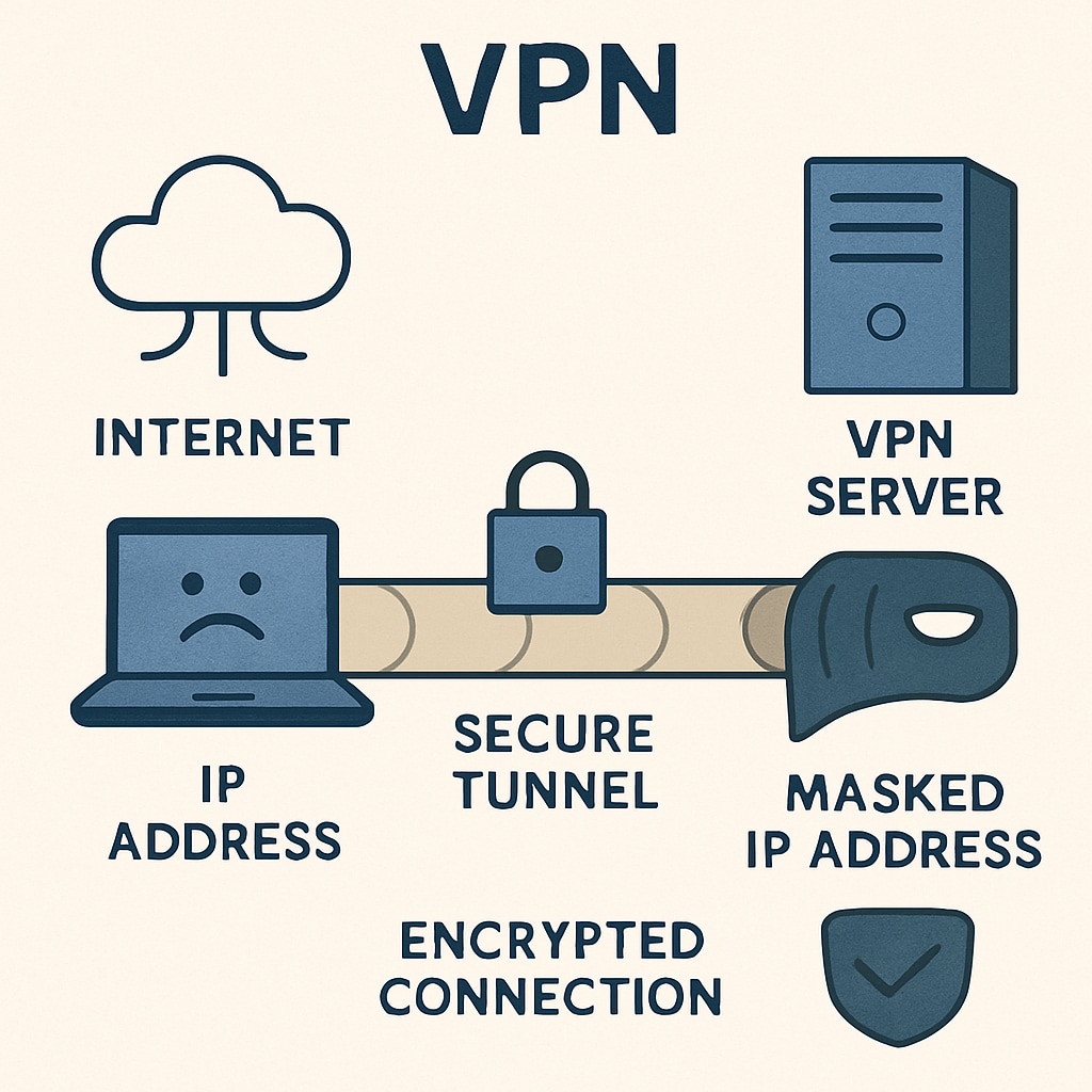 A visual representation of VPNs, showing secure tunnels and how they mask IP addresses. Diagram explaining VPN functionality and its role in bypassing age verification laws.