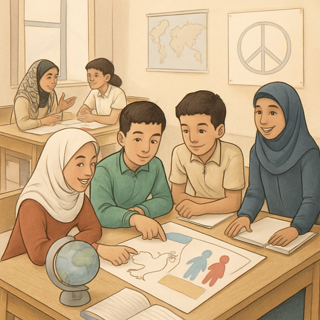Students in a Gaza classroom participating in a group activity centered on peacebuilding and cultural understanding. Gaza students collaborating on a social studies lesson focused on peace and cultural understanding.