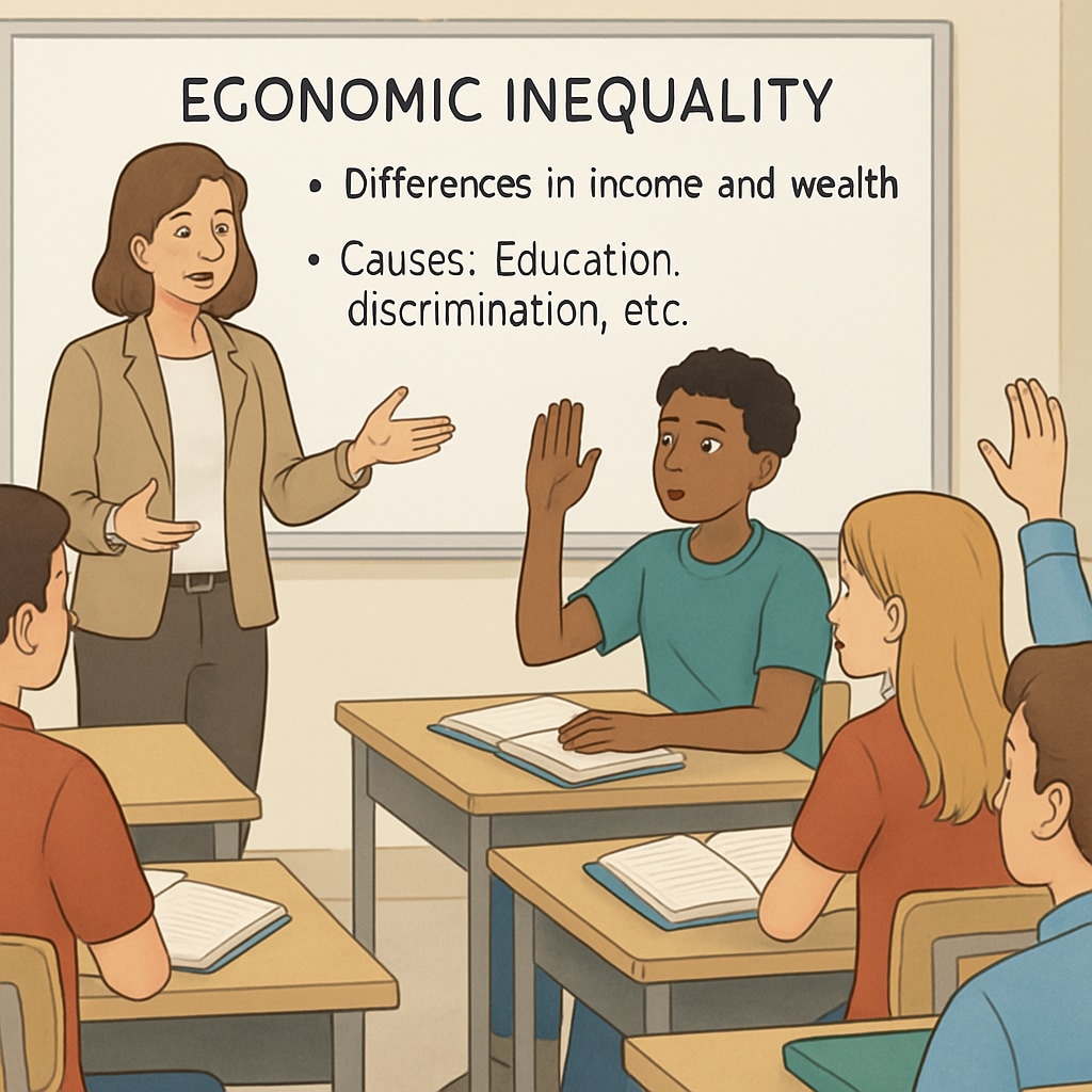 A classroom scene showing students engaging in a social studies discussion about economic inequality. Students in a classroom discussing economic inequality as part of their social studies curriculum.