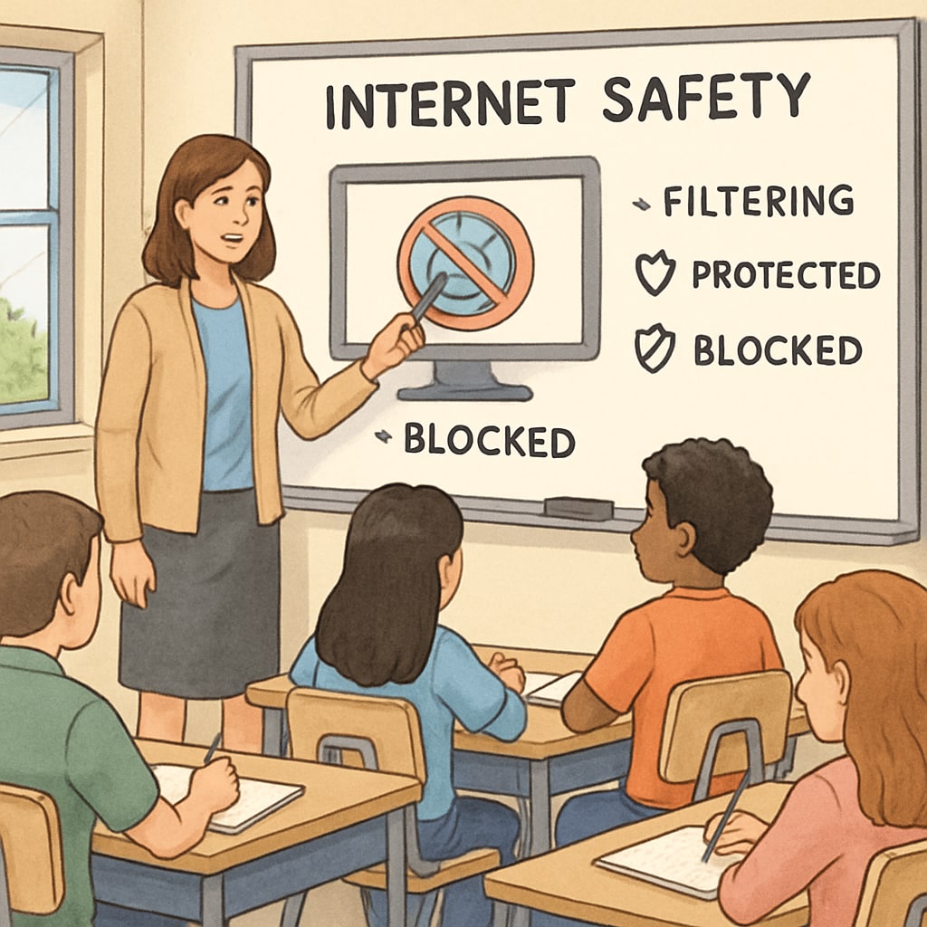 A classroom setting where students learn about internet safety, with a teacher demonstrating filtering tools. Teacher explaining content filtering to students in a classroom, highlighting age verification compliance.