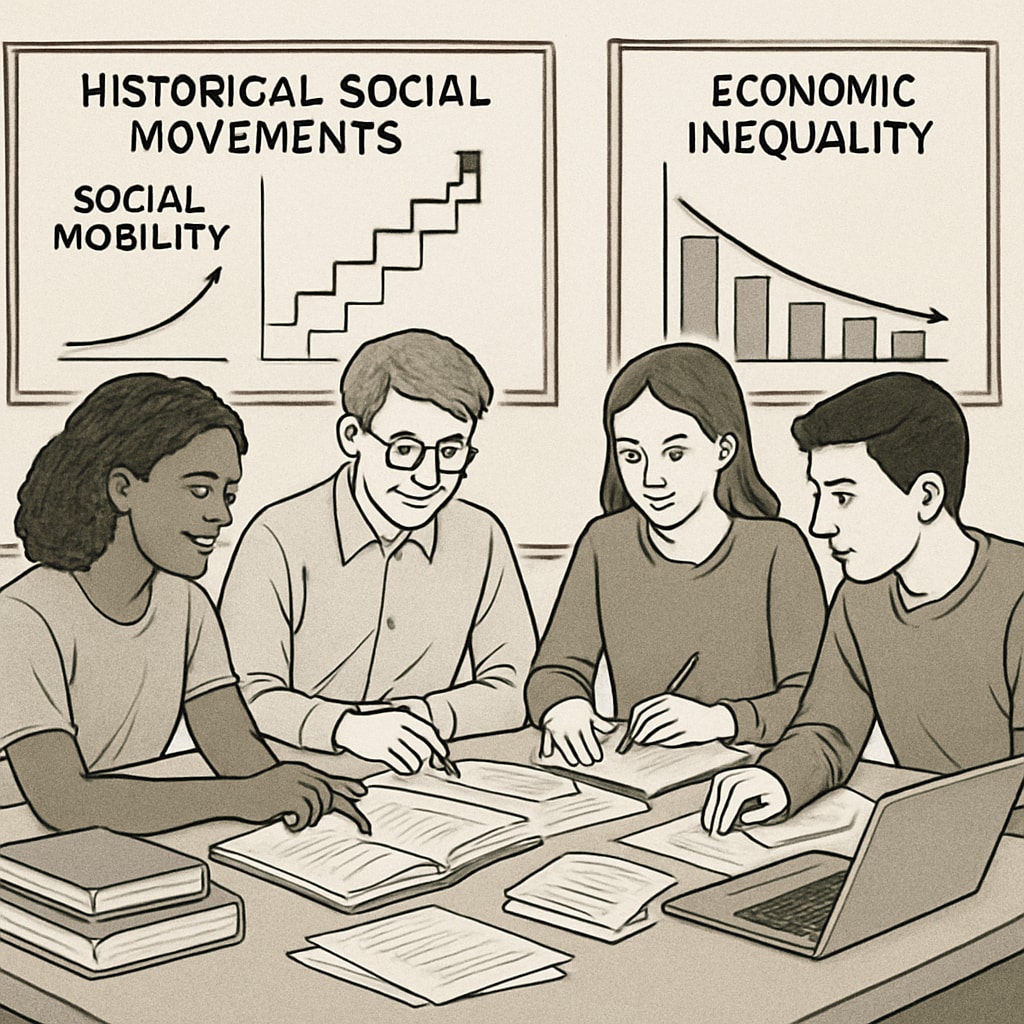 Students collaborating on a project about historical social movements, focusing on social mobility and economic inequality. Students working together on a project about social mobility and historical movements.