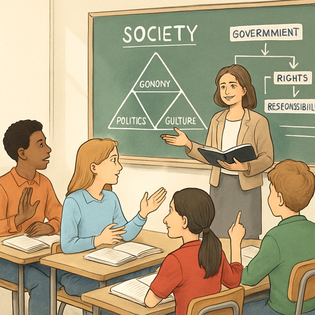 A classroom setting where students are engaged in a discussion about societal structures. Students discussing societal structures in a social studies class.