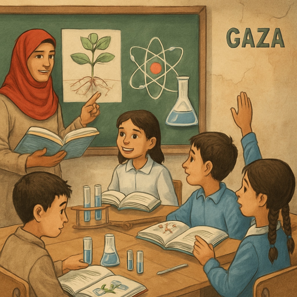 A classroom in Gaza with children learning science concepts, highlighting hope and education. Students in Gaza learning science, representing a future of hope and progress.