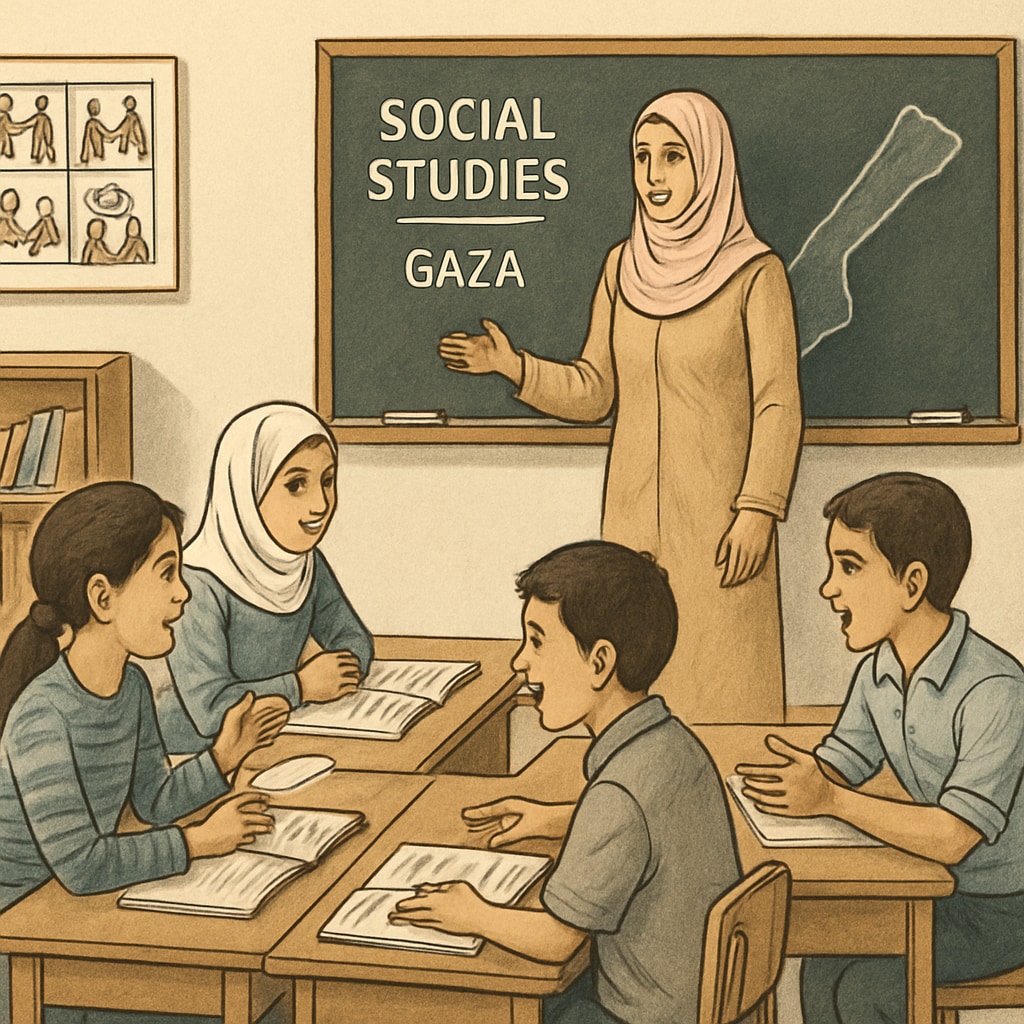 A teacher conducting a social studies lesson in Gaza, emphasizing collaboration and interactive learning. Gaza teacher leading a social studies class, showcasing community-building efforts.