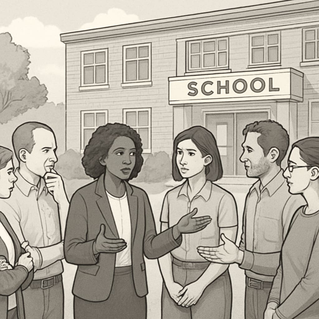 A concerned group of parents and community members gathered in front of a school building, discussing child safety policies. Parents and community members discussing school board child safety concerns.