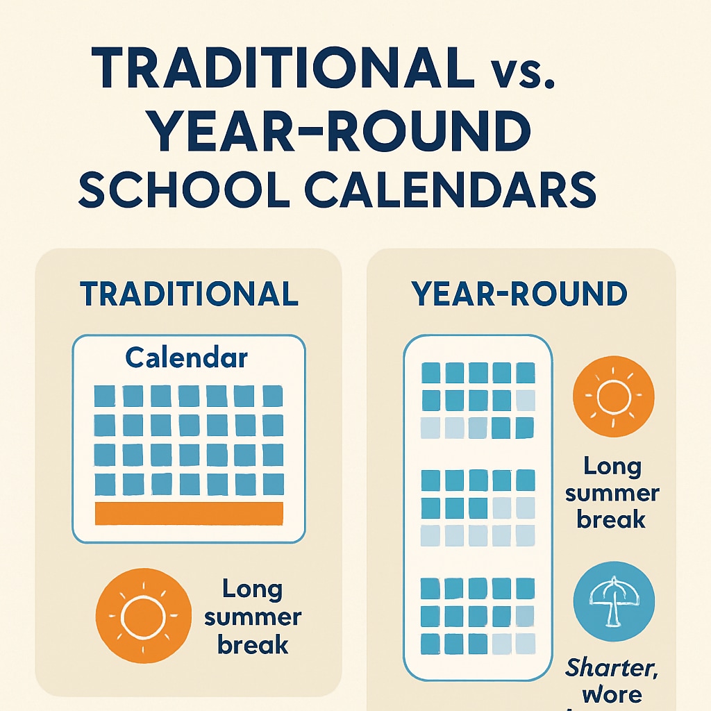 Comparison of traditional and year-round school calendars in an infographic.
