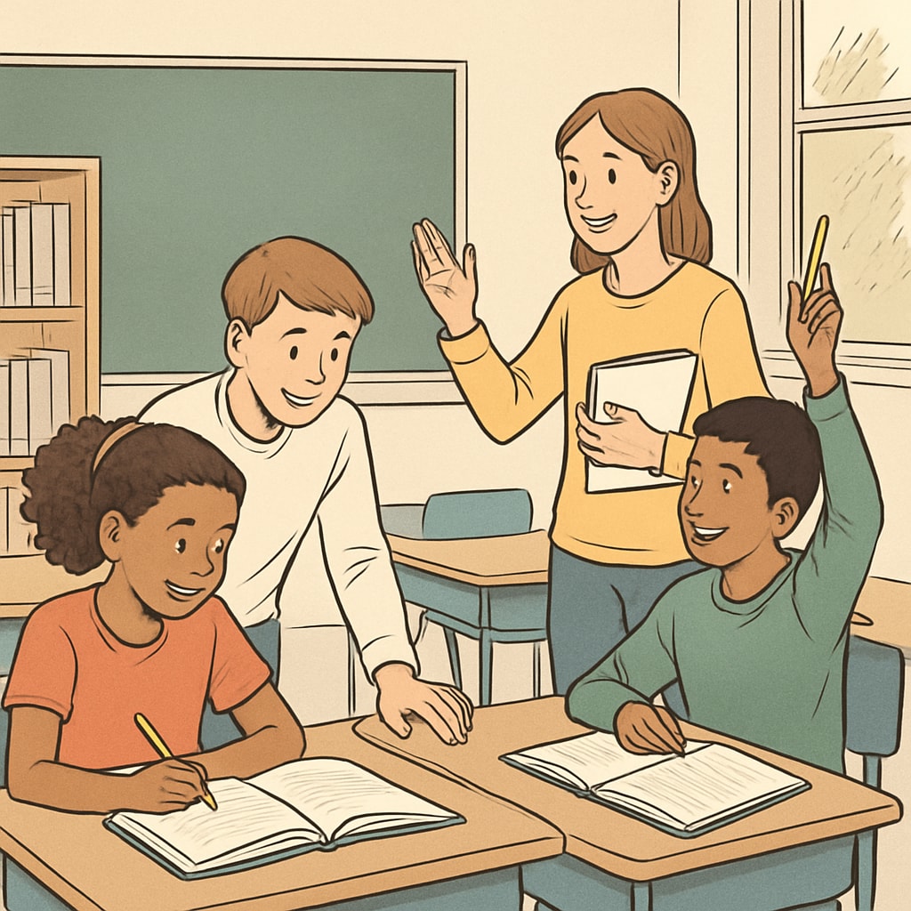 A group of students actively engaged in a classroom, illustrating year-round learning. Students participating in year-round schooling to prevent summer learning loss.
