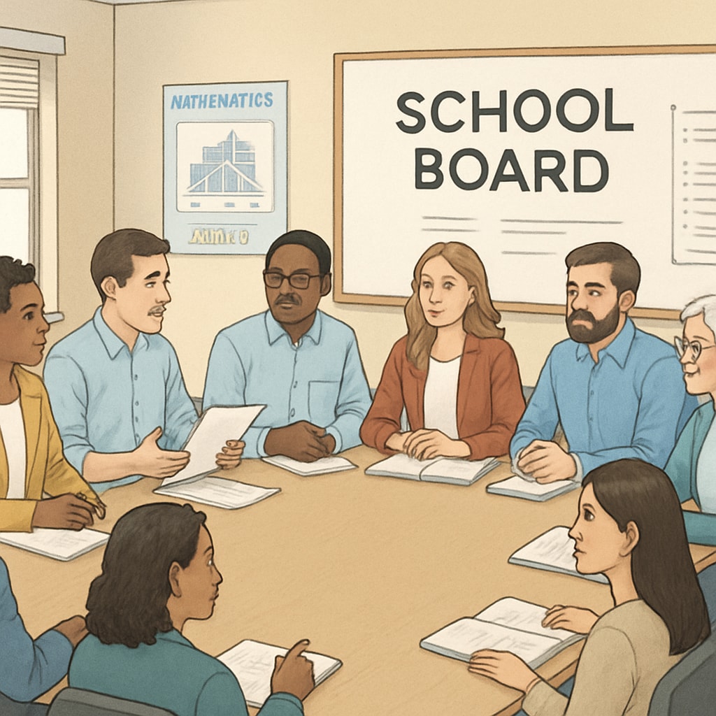 A school board meeting in progress, emphasizing community involvement and transparent decision-making. A school board meeting highlighting community engagement and transparency.