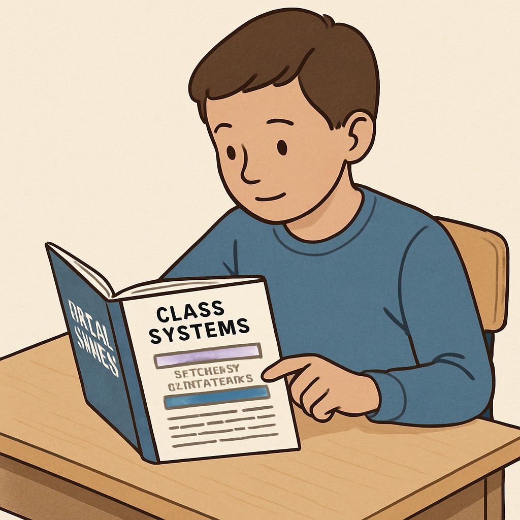 A student reading a social studies textbook that emphasizes class systems. Student reading about class systems in a social studies textbook.
