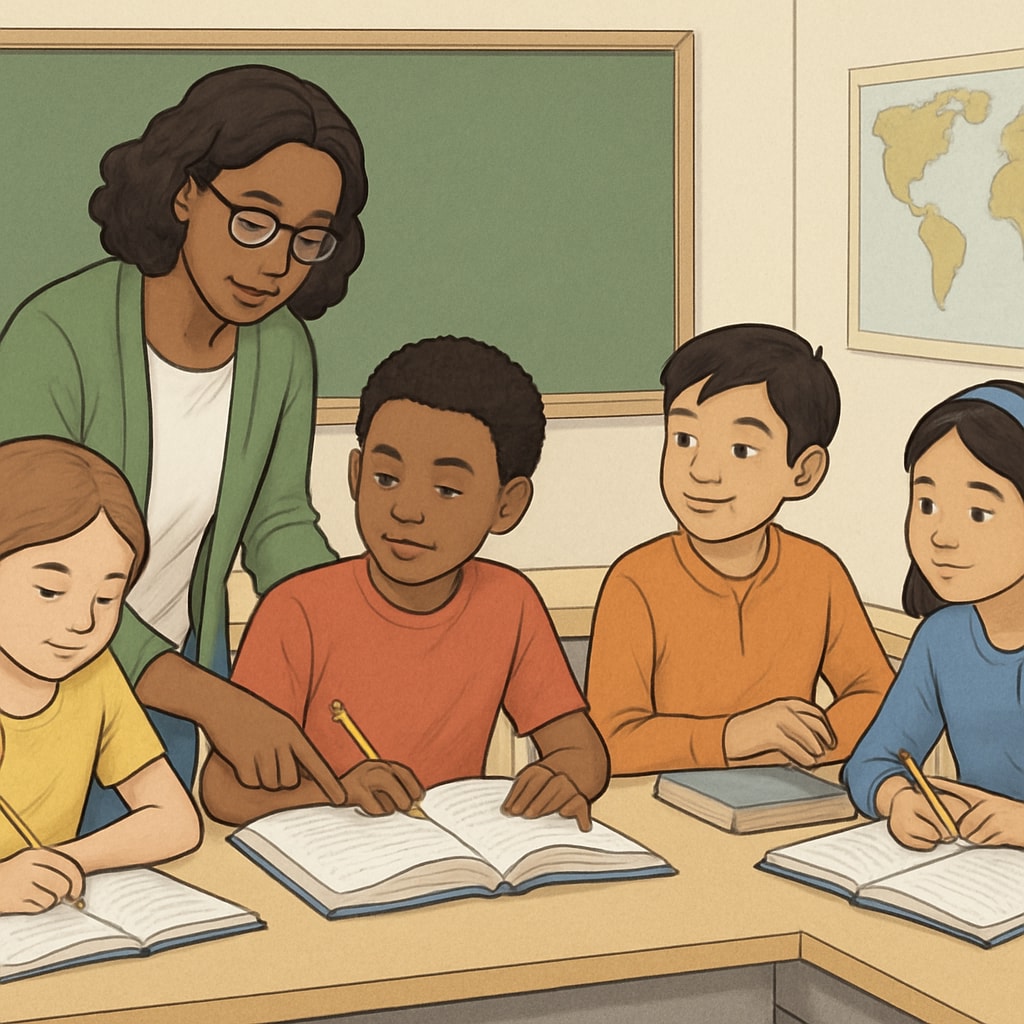 A teacher assisting a diverse group of students in a classroom setting, showcasing equity in education. Teacher supporting students in a year-round school model emphasizing educational equity.