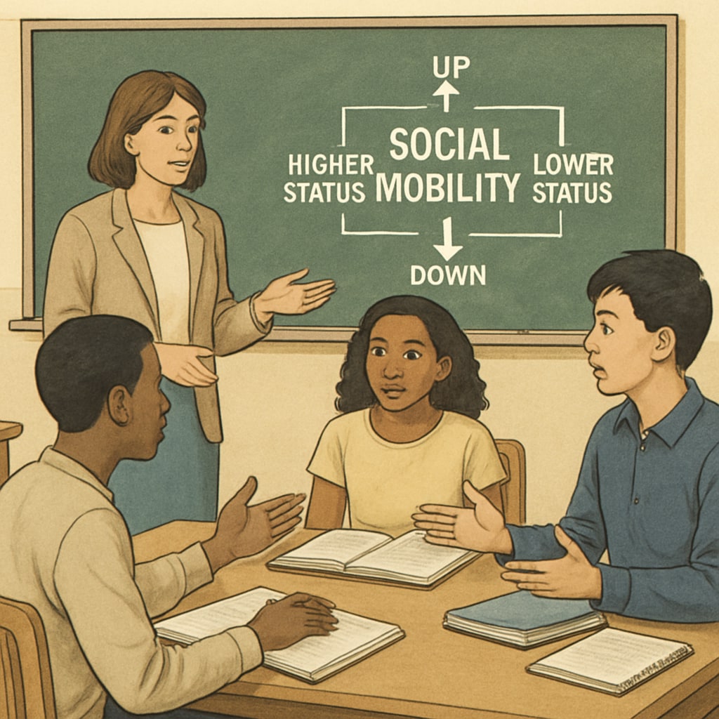 A classroom discussion where students explore the concept of social mobility. Students discussing social mobility in a classroom setting.