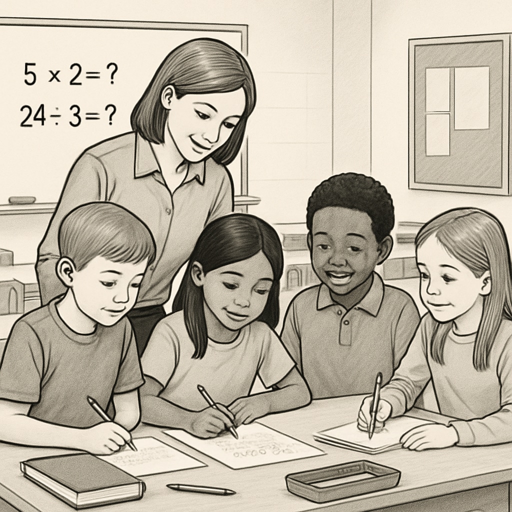 A teacher helping a group of K12 students solve test problems in a classroom setting. Teacher guiding K12 students through test problems using high-quality test resources