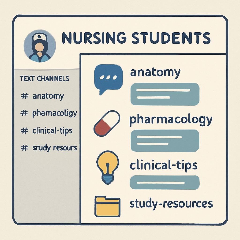 A visual representation of a well-organized Discord server for nursing students, showing various topic channels and active discussions. Organized Discord server for nursing students with study channels and active discussions.