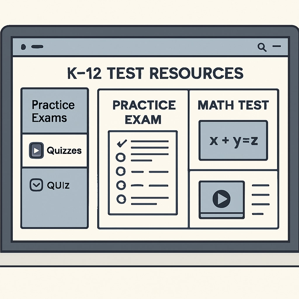 A digital platform showcasing various K12 test resources, such as practice exams and quizzes. Digital platform displaying test resources for K12 students