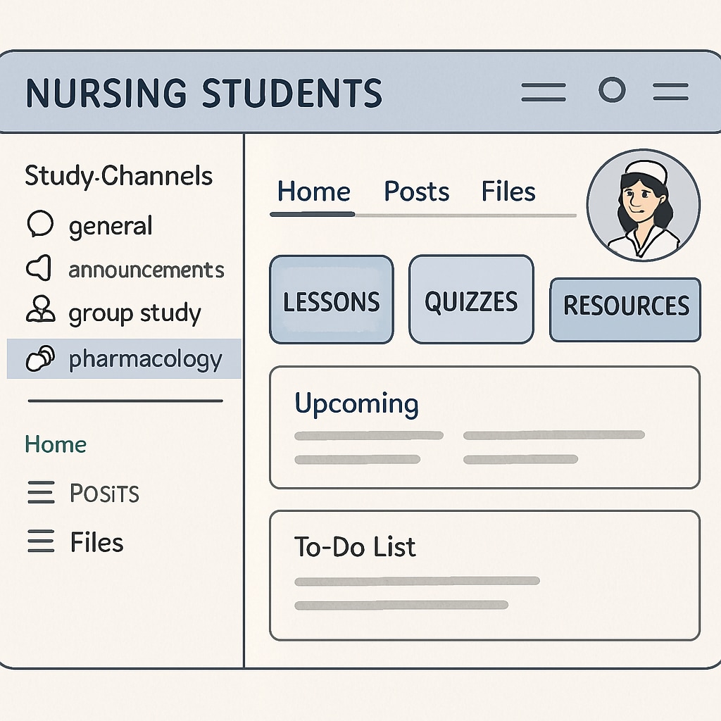 A Discord interface with dedicated channels for nursing education and student collaboration.