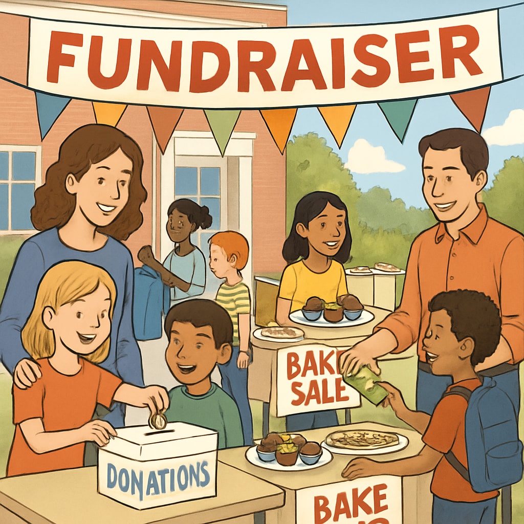 A school event showing children and parents participating in a fundraising activity. School fundraising event demonstrating tiered rewards concept.