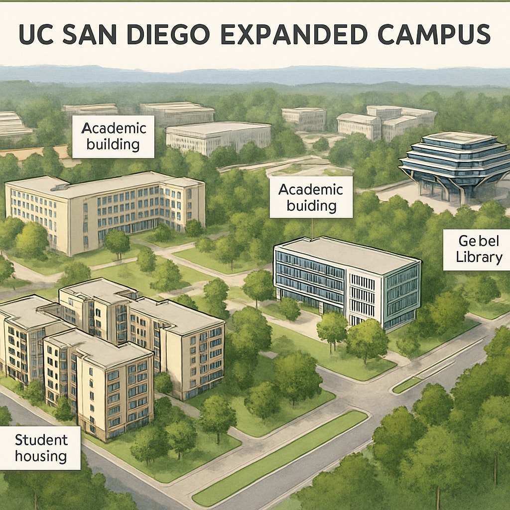 A conceptual rendering of UC San Diego's expanded campus, showing new academic buildings and student housing. Rendering of UC San Diego's expanded campus reflecting the institution's growth.