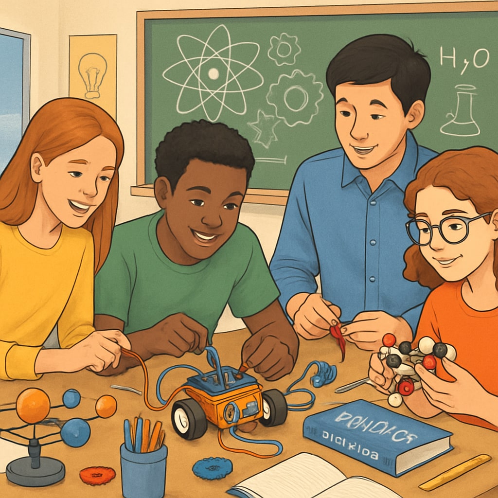 A diverse group of high school students engaged in a STEM workshop, preparing for college readiness. High school students participating in STEM activities as part of college preparation.