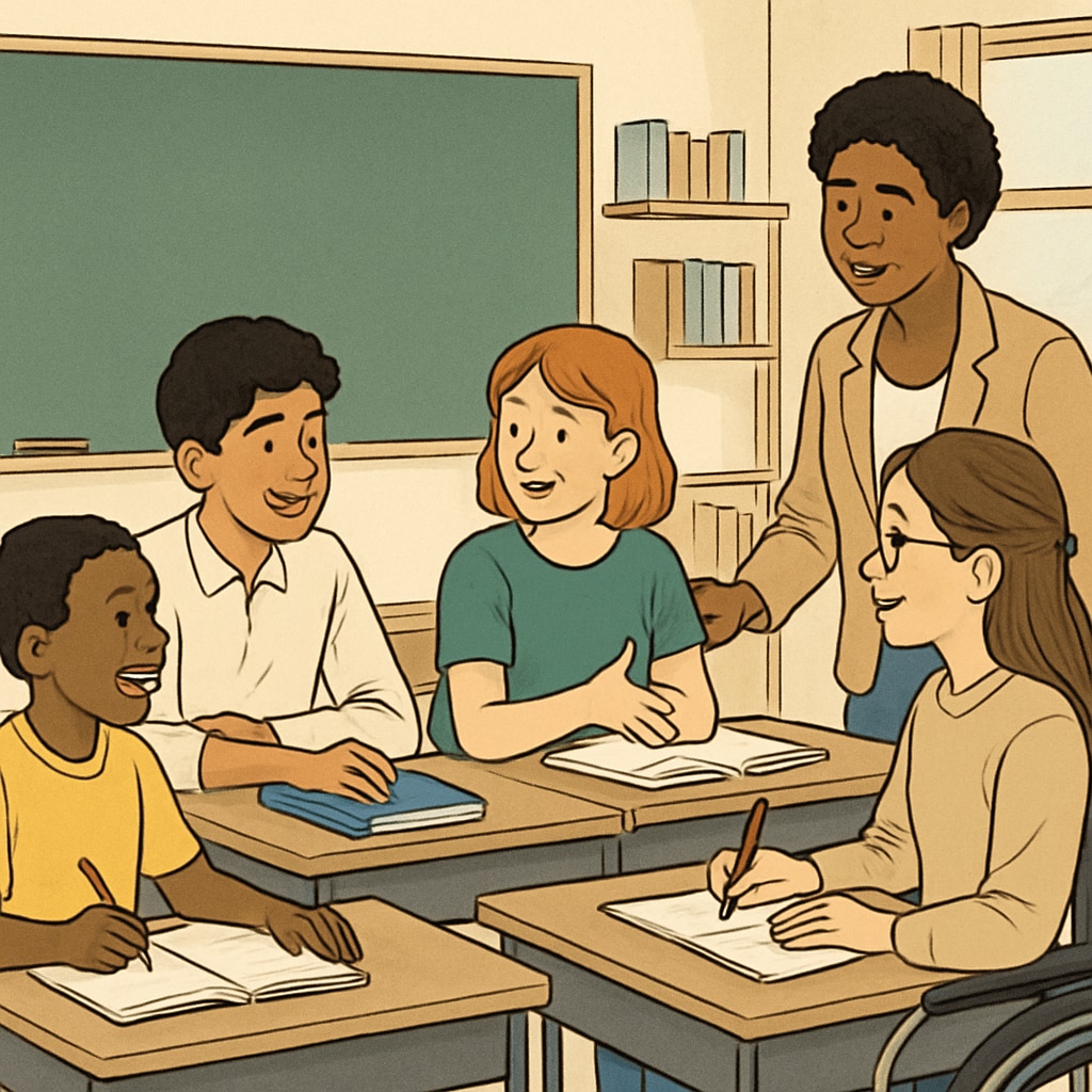 A diverse group of students participating in a classroom activity, showcasing inclusivity. Students engaging in inclusive classroom activities, reflecting fairness.