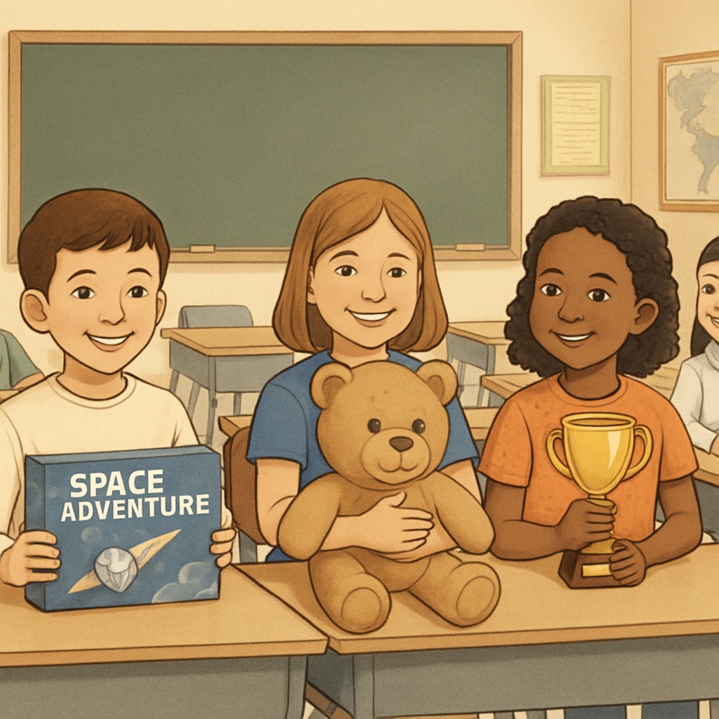 A group of children sitting in a classroom, with some holding prizes from a fundraising event, while others look on without them. Children in a classroom showing the disparity caused by fundraising rewards.