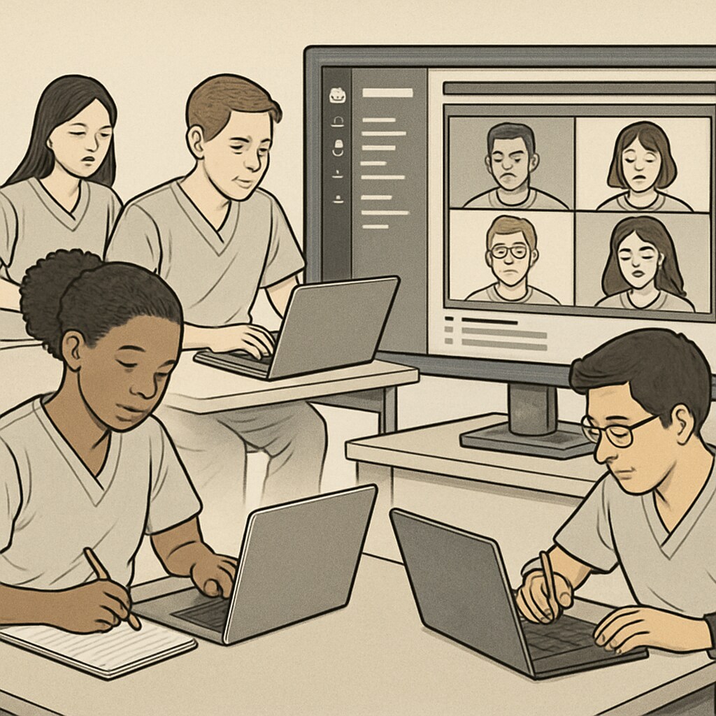 A group of nursing students engaging in an online study session via a Discord channel. Nursing students using Discord for collaborative study.