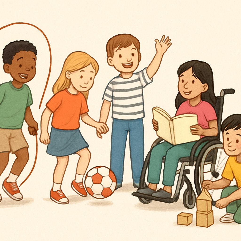 A diverse group of children playing together without any visible distinctions, symbolizing inclusivity and equality. Inclusive and equal school environment during children’s activities.