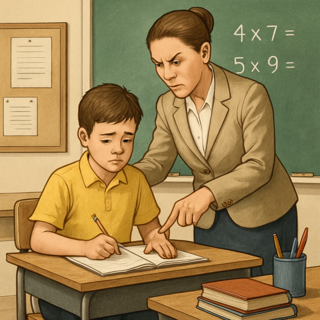 A classroom setting where a teacher is seen sternly guiding a student, reflecting the tension between strictness and encouragement. A teacher sternly guiding a student, symbolizing strict teaching methods.