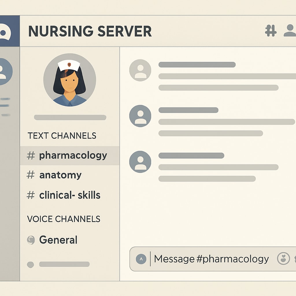 A screenshot of a Discord server with organized channels dedicated to nursing topics like pharmacology, anatomy, and clinical skills. Discord server channels for nursing study groups.