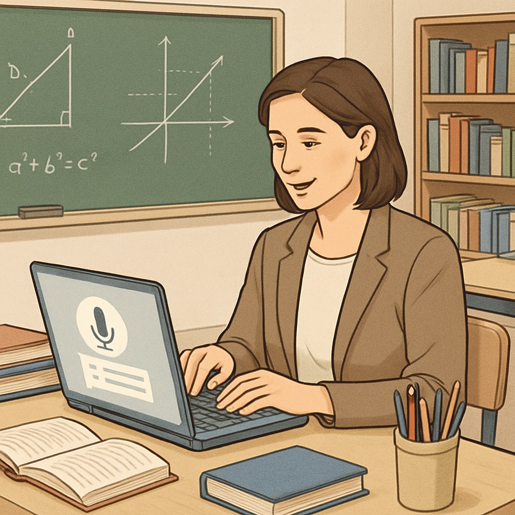 A teacher using a voice-to-text tool to create lesson plans on a laptop in a classroom setting. Voice-to-text tool used by a teacher to streamline lesson planning and administrative work.