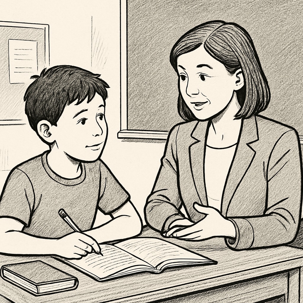 A teacher offering constructive feedback to a student, symbolizing a balanced approach to education. A teacher offering constructive feedback to a student, emphasizing care.
