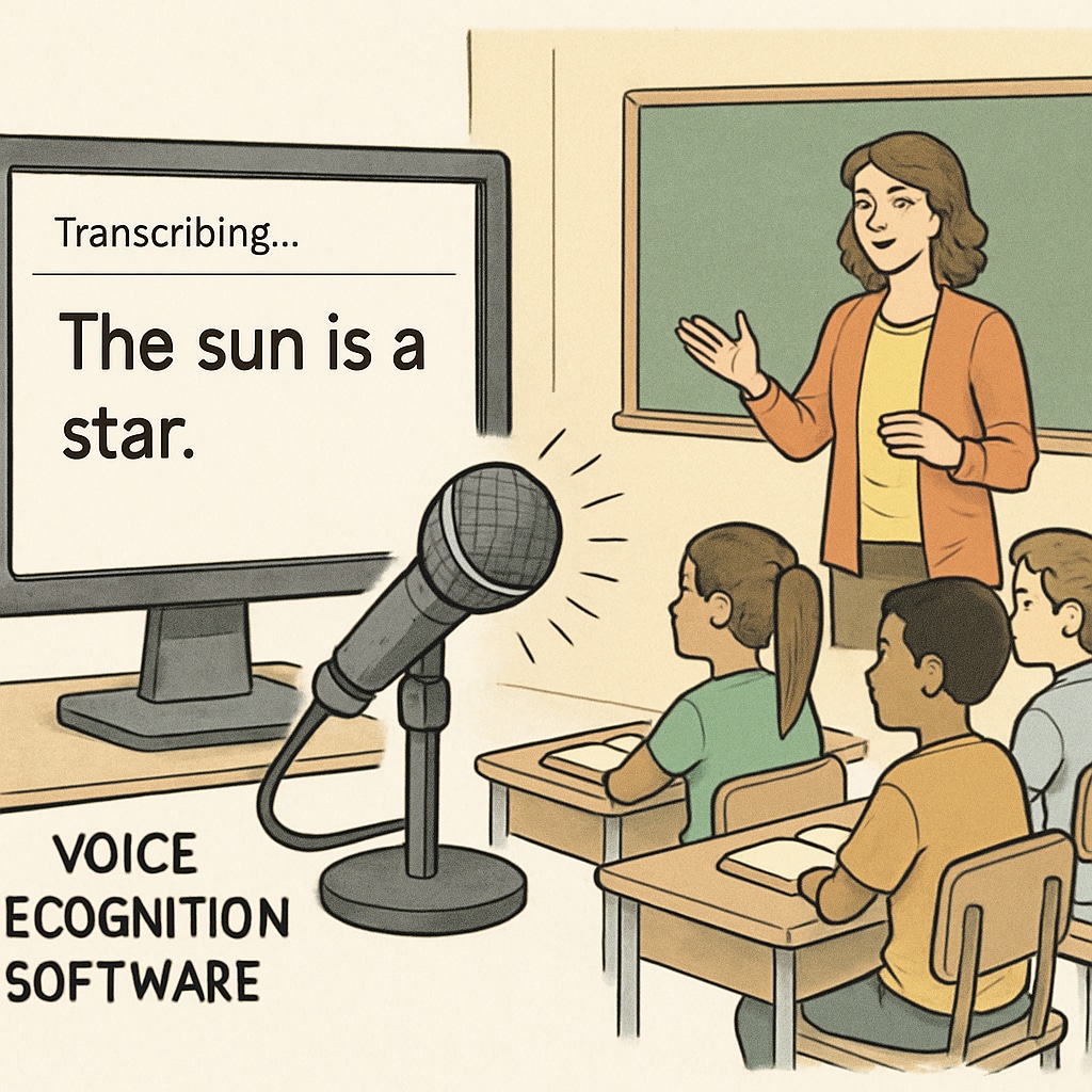 An illustration of voice recognition software converting spoken words into text during a classroom activity. Voice recognition software enhancing classroom activities by converting speech into text.