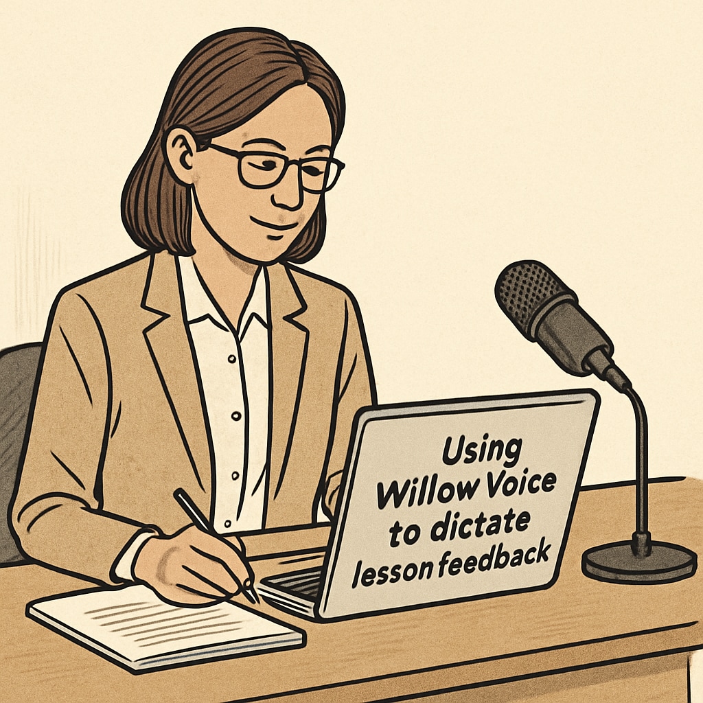 A teacher using WillowVoice to dictate lesson feedback, with a laptop and microphone visible on a desk. Speech recognition technology improving teacher workflows with WillowVoice.