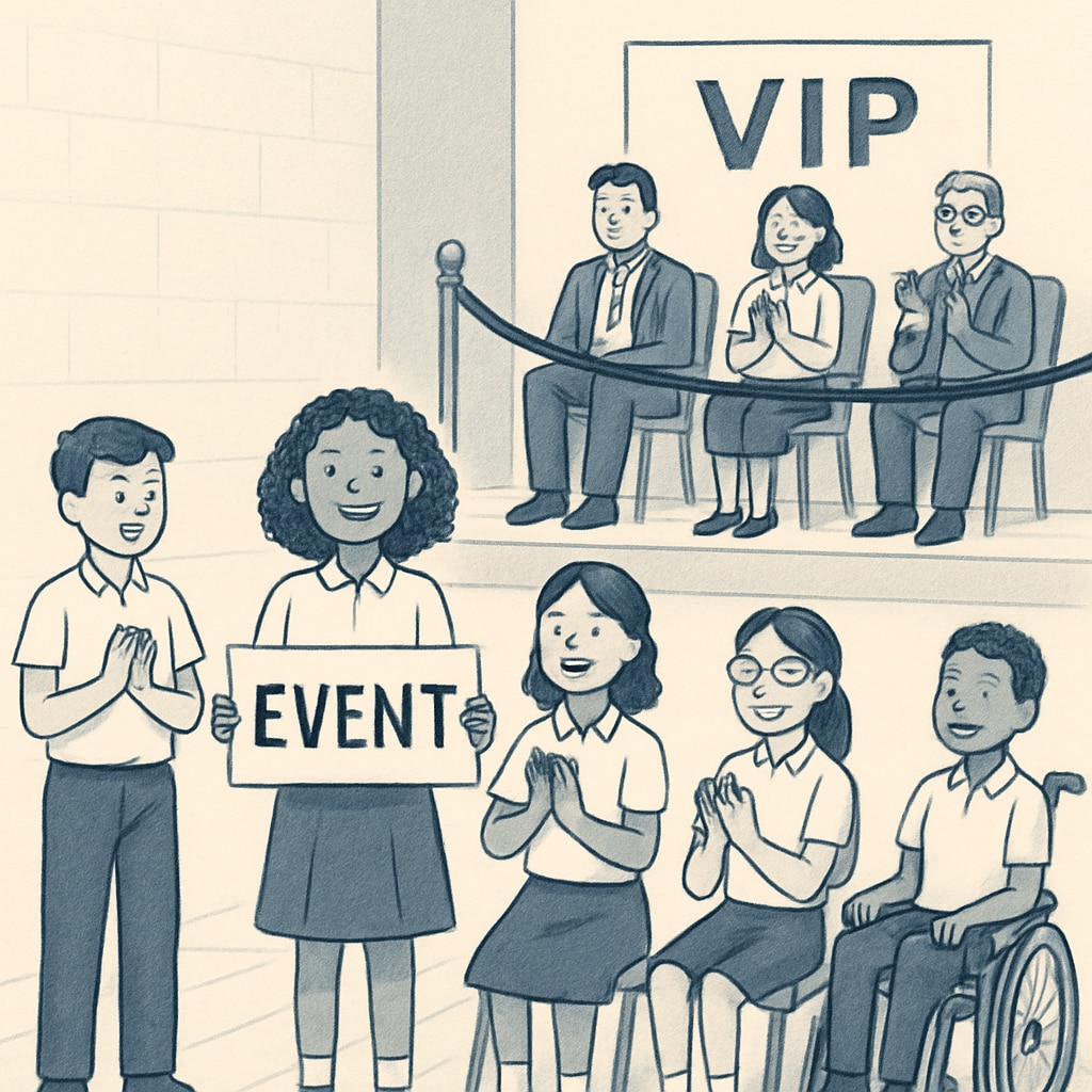 A group of students at a school event, with a VIP section in the background representing privilege levels. Students at a school event with visible privilege distinctions based on fundraising donations.