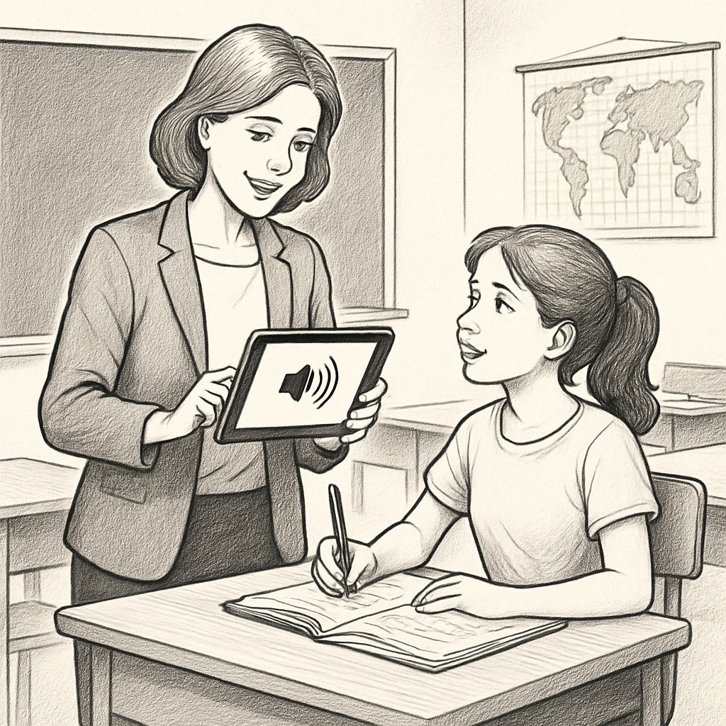A classroom setting where a teacher is using a tablet and WillowVoice to provide real-time feedback to a student. Teacher using WillowVoice for real-time student feedback in a classroom.