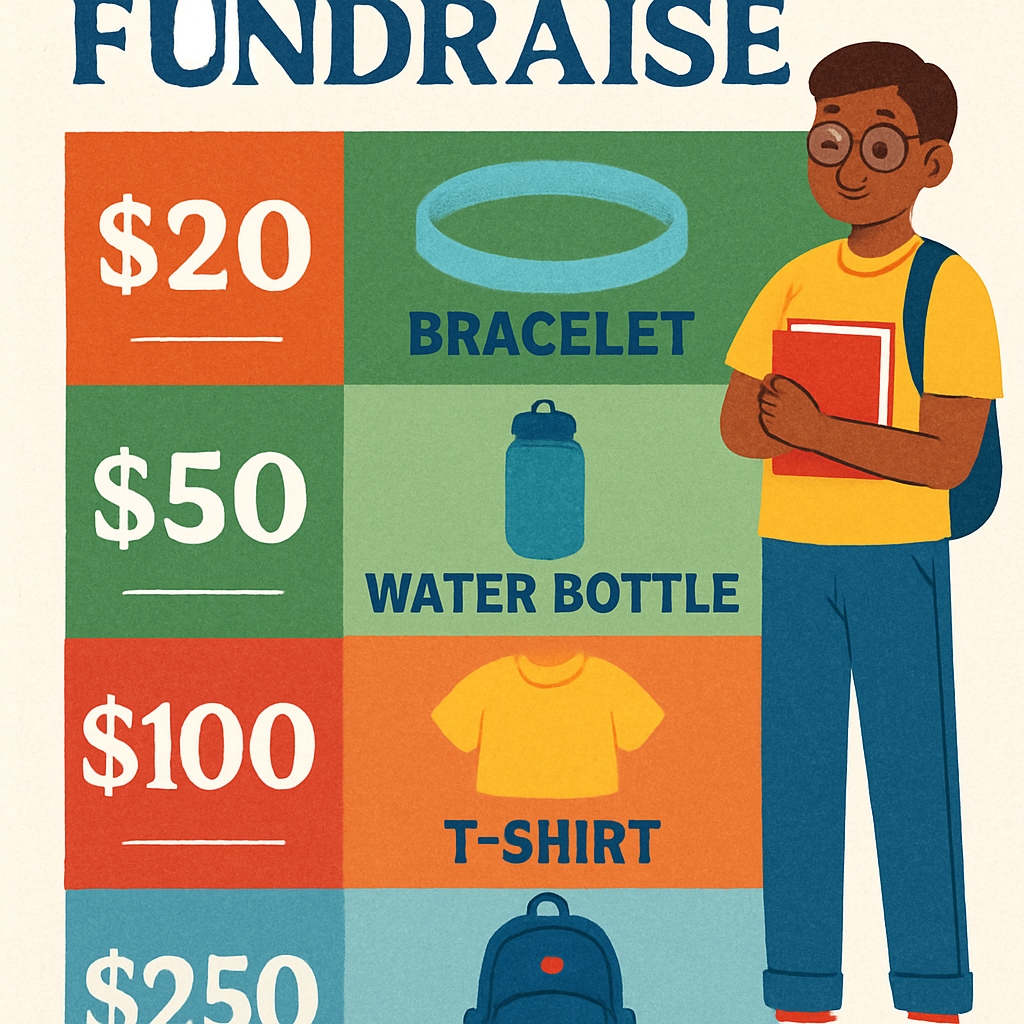 A school fundraising poster with tiered donation levels and associated rewards prominently displayed. Fundraising poster showing tiered rewards for different donation amounts.
