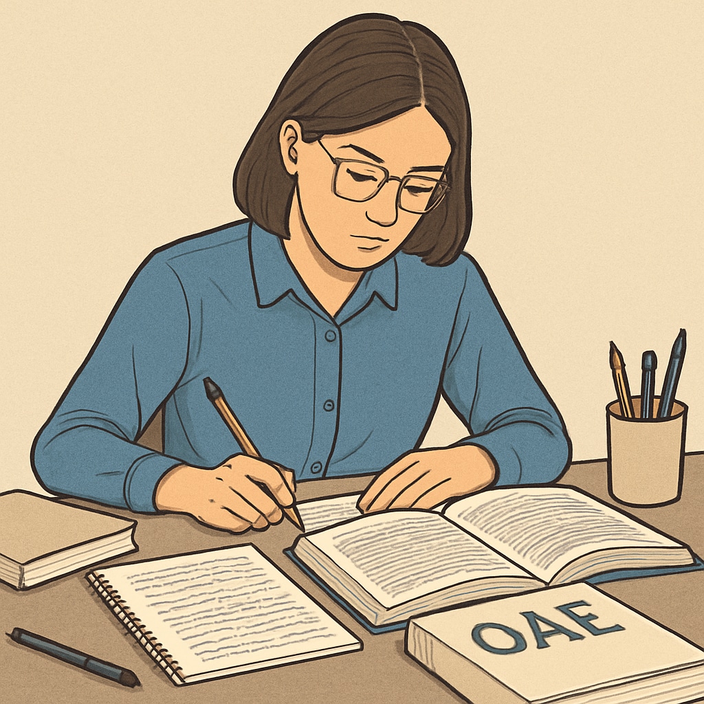 A focused student studying for the OAE exam with books and notes spread across a table. Student preparing for the OAE exam with study materials.
