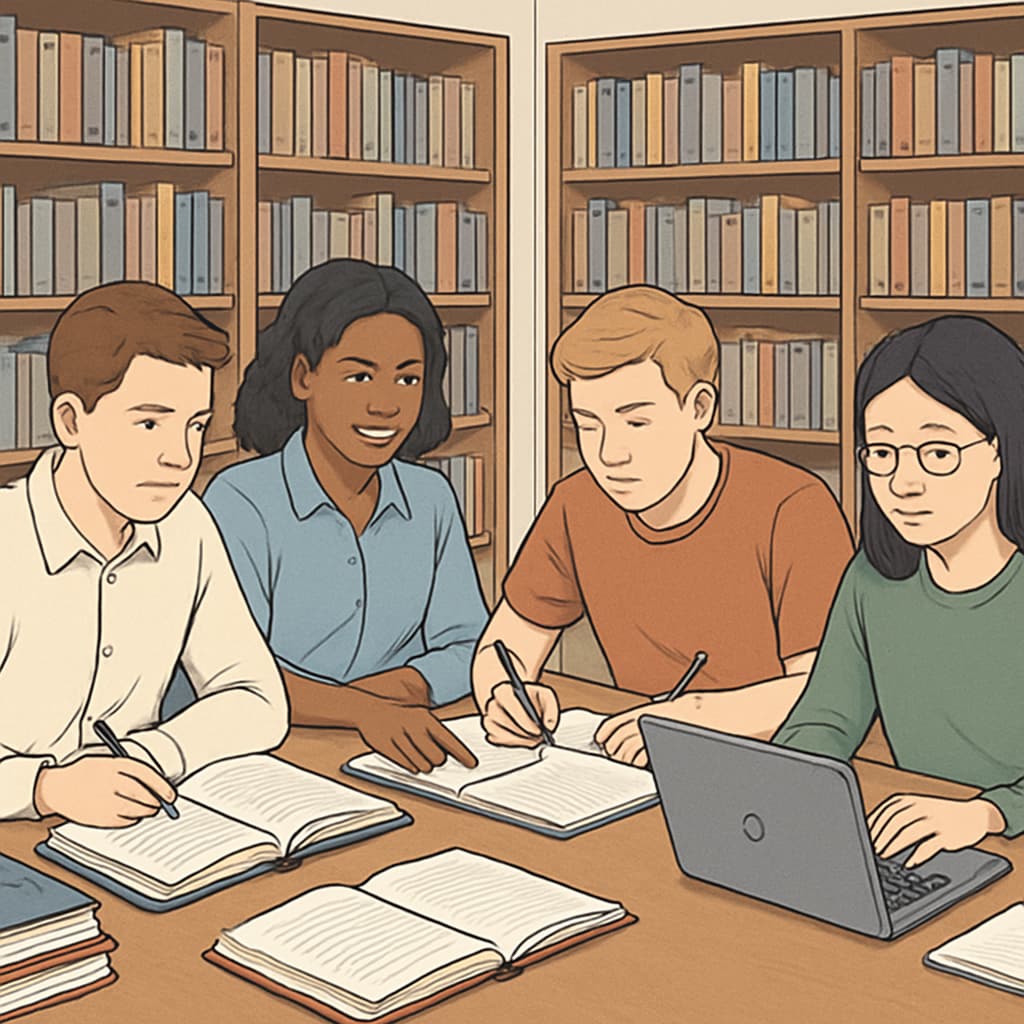 A group of students in a library participating in a collaborative study session. Students in a study group preparing for the OAE exam.