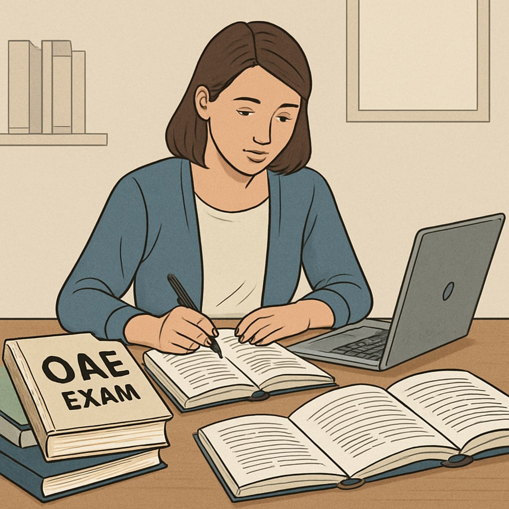 A focused image of an aspiring teacher studying with books and a laptop, illustrating preparation for the OAE exam. Aspiring teacher studying for the OAE exam with books and a laptop.