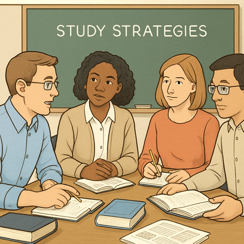A group of teachers discussing study strategies in a classroom setting, symbolizing collaborative learning. Teachers collaborating on OAE exam preparation strategies in a classroom.