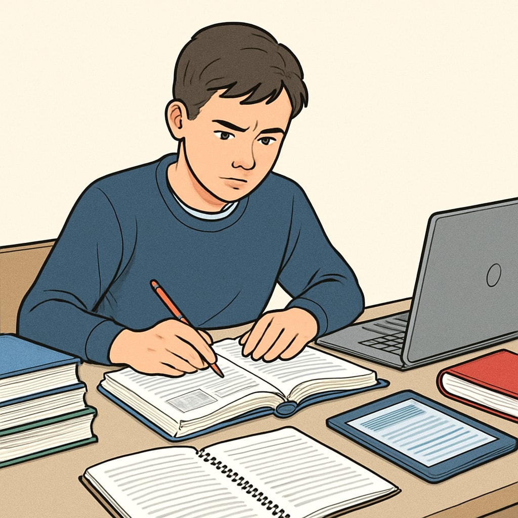 A focused student studying with textbooks and digital resources at a desk. A student preparing for the OAE exam using study materials and online resources.