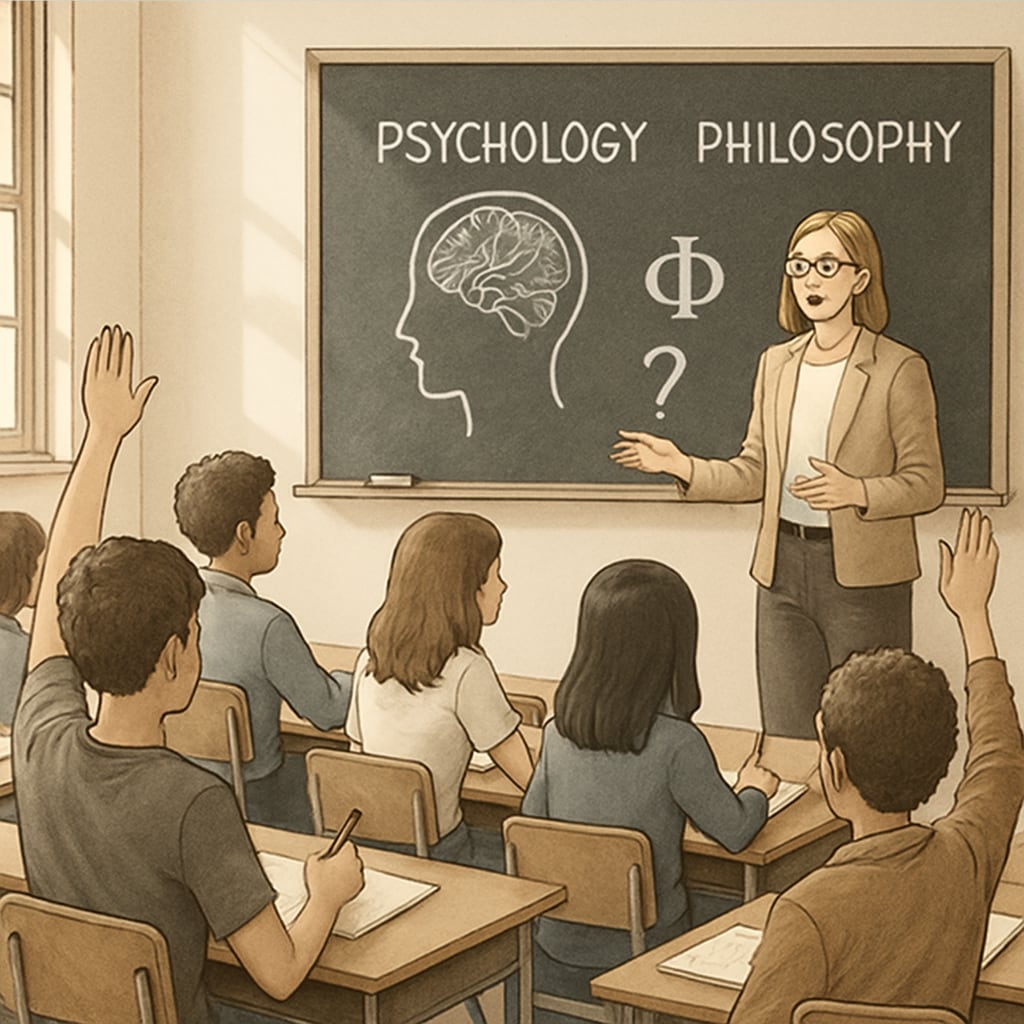 A classroom setting where students are engaged in psychological and philosophical discussions, guided by a teacher. Students learning psychology and philosophy in a classroom environment.