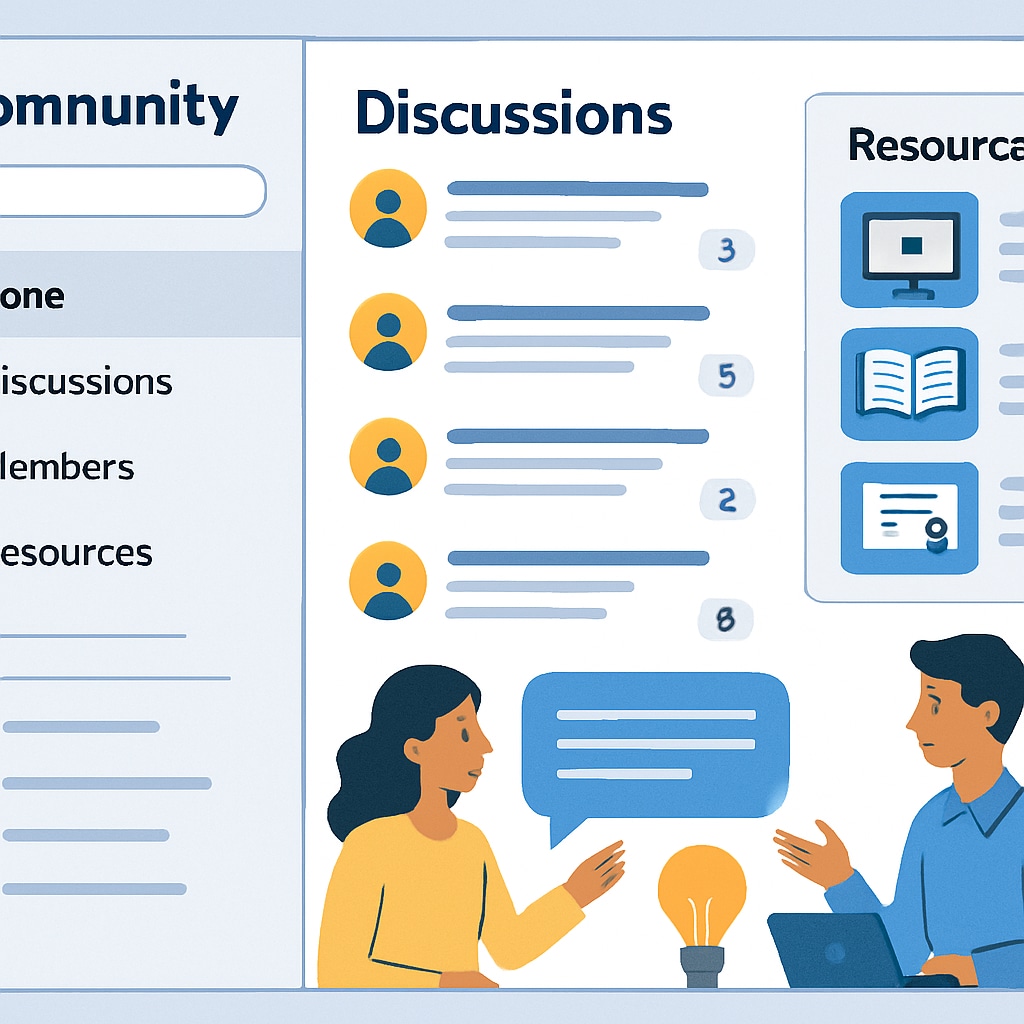 A vibrant online community platform interface showcasing discussions and shared educational resources. Online community platform interface for education networks, featuring discussions and resources.
