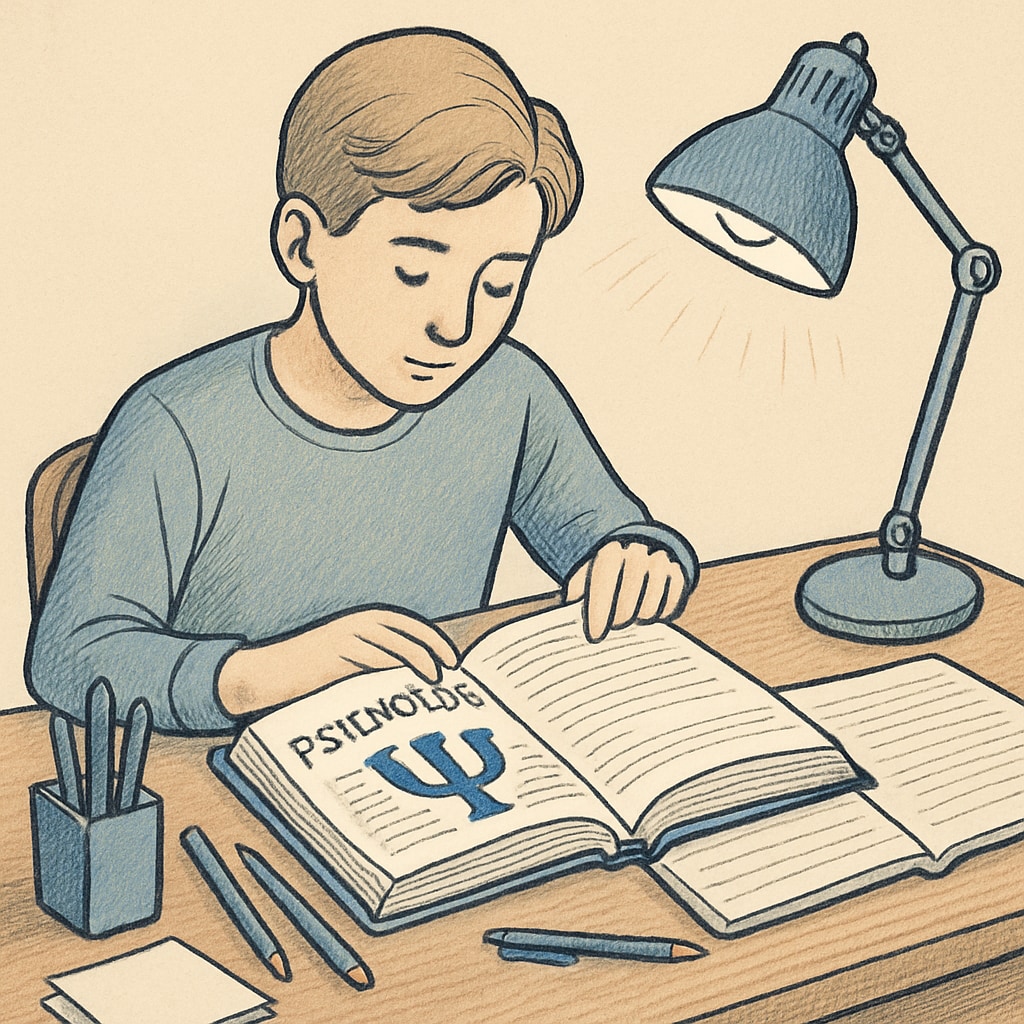 A student reading a psychology textbook at a desk with a notebook, representing self-learning resources. K12 student studying psychology and philosophy with self-learning tools.